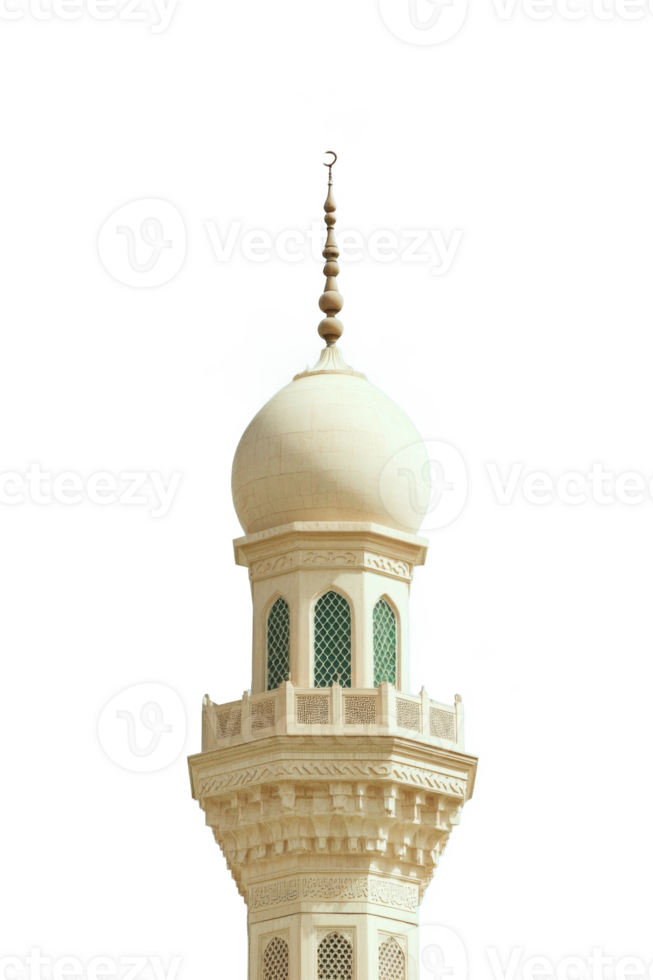 Architectural detail of a mosque minaret with a crescent moon against clear blue sky background png