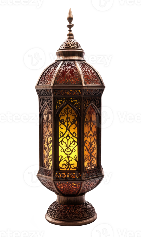 Elegant illuminated bronze lantern with intricate arabesque design against a plain white background png