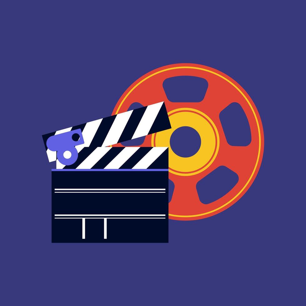 Director clapperboard and tape reel in flat design. Cinema and movie production. illustration isolated. vector