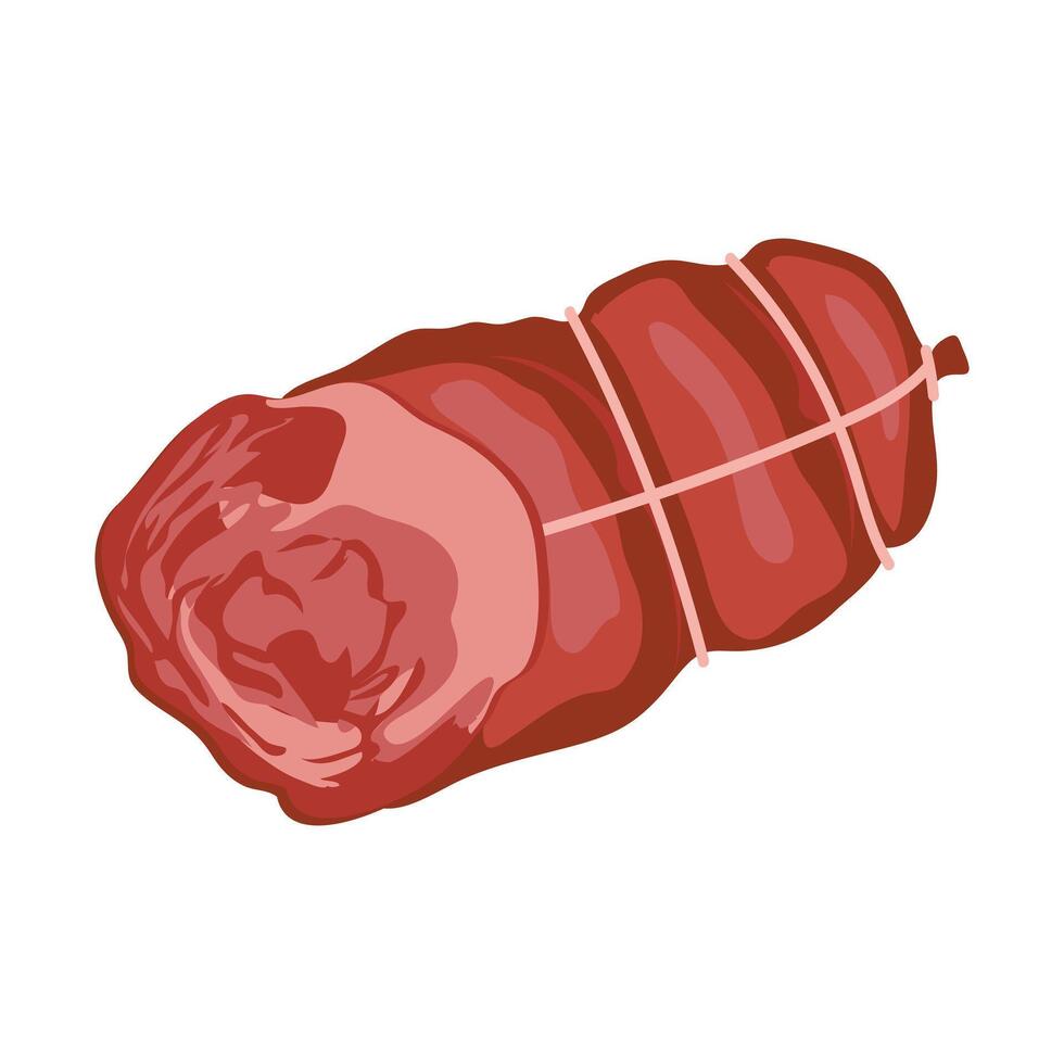 Ham in rope in flat design. Deli sausage in net, butchery product menu. illustration isolated. vector