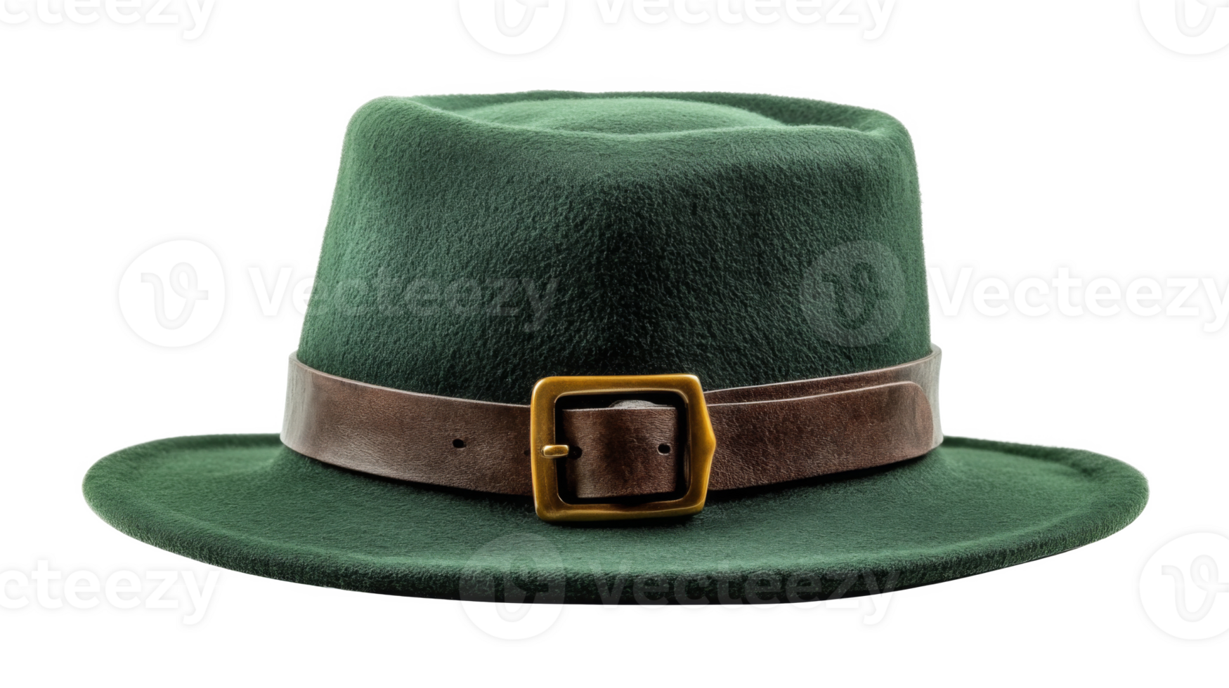 A green leprechaun hat with a brown leather belt and a gold buckle, on a white background png