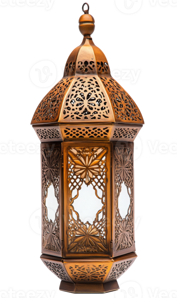 Ornate metallic lantern with intricate patterns suspended against a white backdrop png