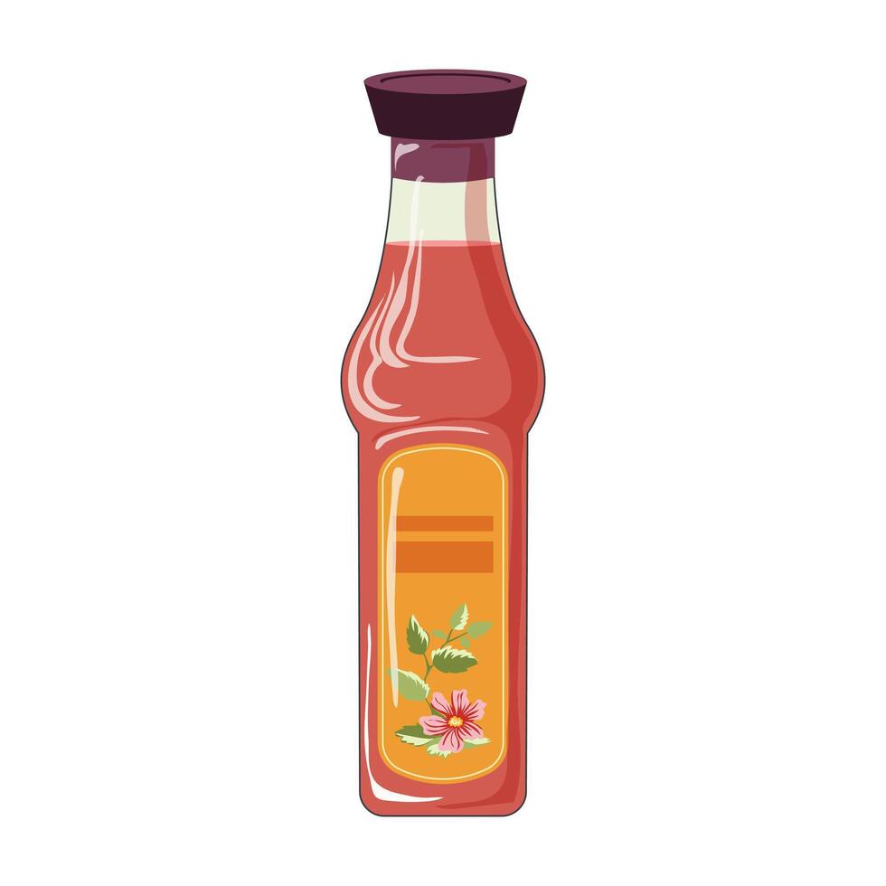 Red sauce in bottle in flat design. Condiment with tomatoes and herbs. illustration isolated. vector