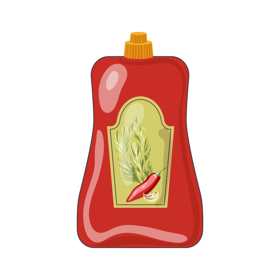 Hot sauce in bottle in flat design. Red condiment with pepper, garlic, herbs. illustration isolated. vector