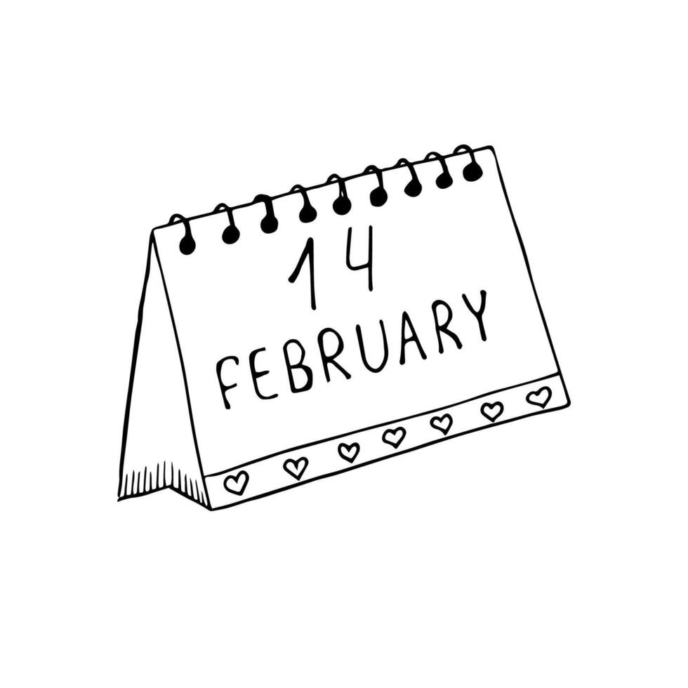 Calendar with the date of valentine's day.Doodle style. vector