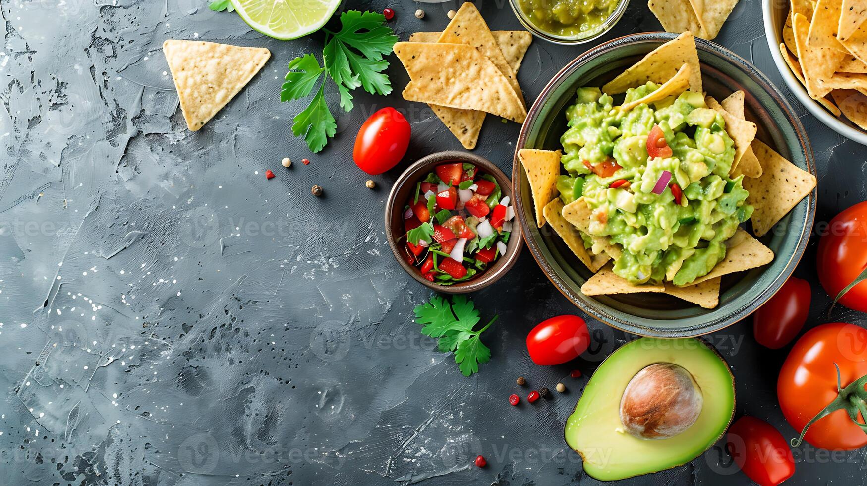 Plate with tasty guacamole and ingredients on dark background photo