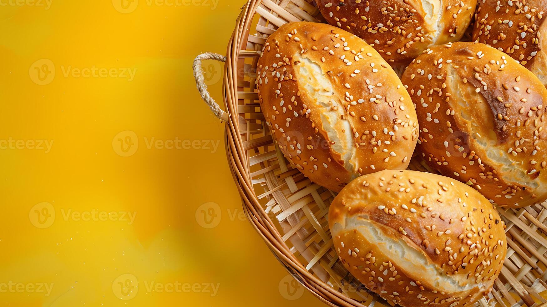 Top view of bread and rolls with sesame seeds on yellow background photo