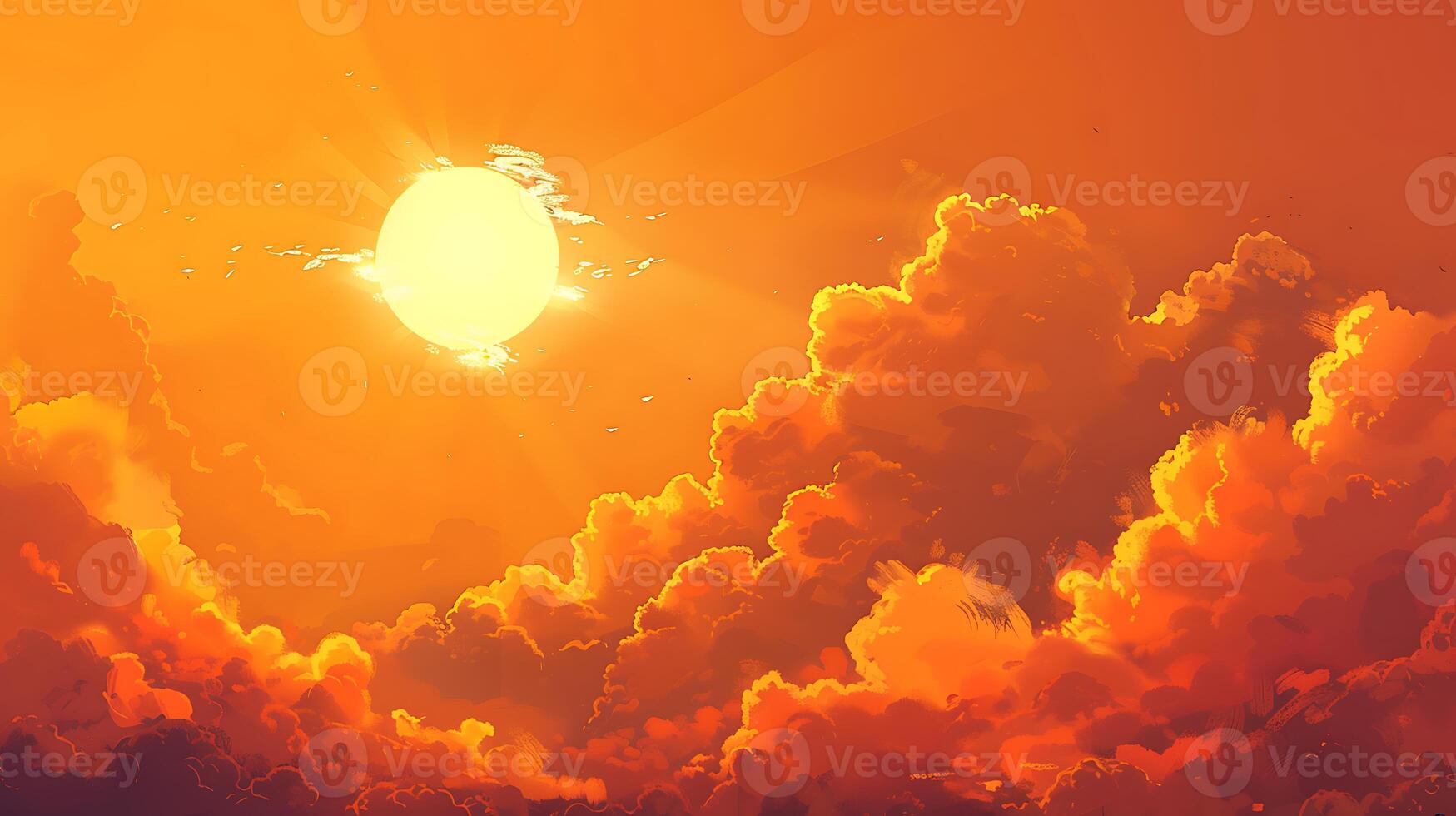 Orange sky with sun and clouds during hot summer weather photo