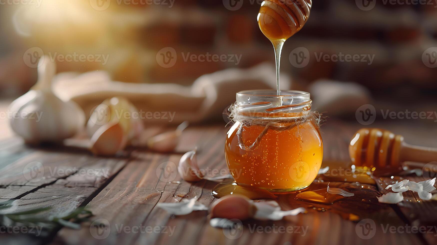 Honey dripping from a wooden honey dipper into a jar with fresh honey and garlic on a wooden background photo