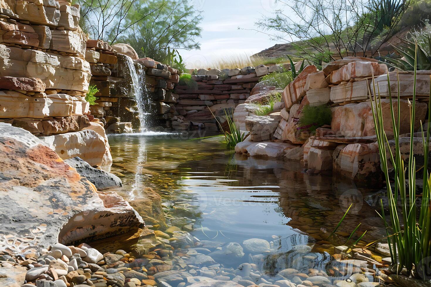 Desert landscape with rock walls and a natural pool of water photo