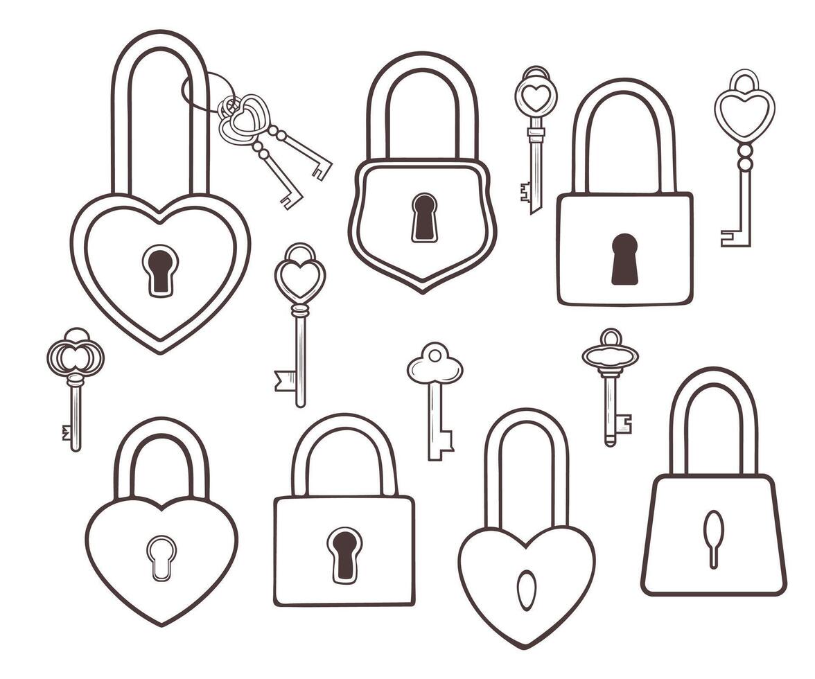 Set of Padlocks with keys in doodle style. Cute hand drawn padlock heart, perfect for Valentine's Day design for romantic gifts and decorations vector