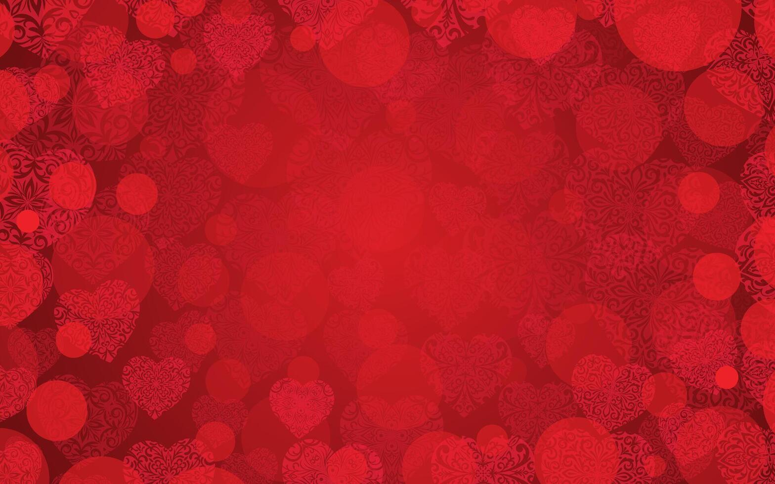 Red Valentine's Day background. Romantic love design with lace hearts and bokeh. Falling mandala hearts for greeting card template. vector
