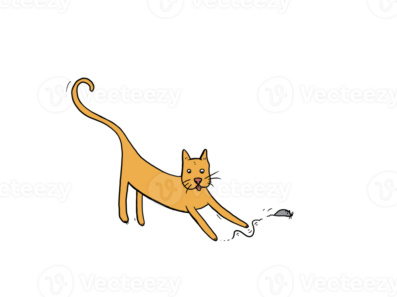 Cute cat playfully chasing a mouse with its tongue sticking out. The drawing is done in a fun and cartoonish style, featuring expressive characters and dynamic motion. png
