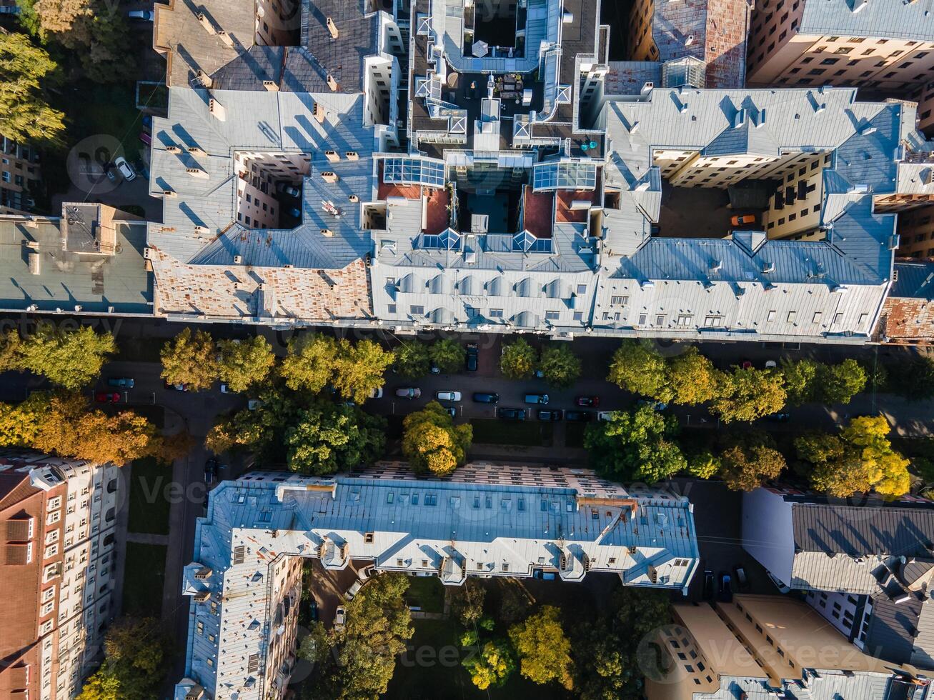 Aerial View of Symmetrical Multi Story Buildings and Tree Lined Streets photo