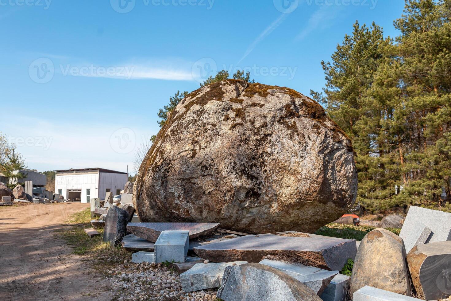 Large Moss Covered Boulder in Industrial Stone Yard with Pine Trees photo