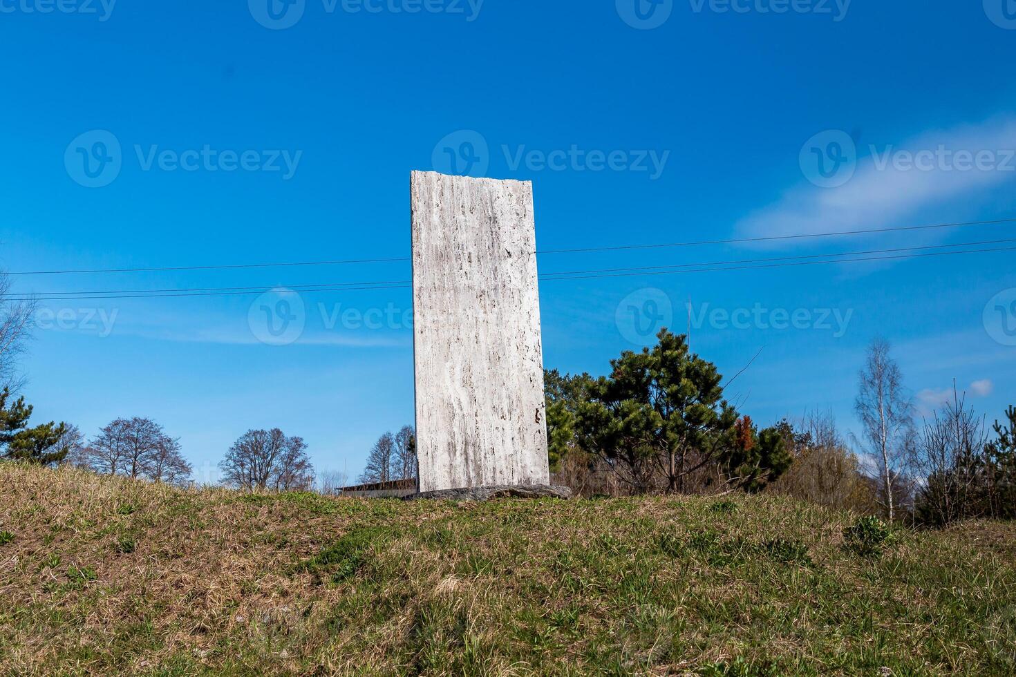 Weathered Stone Slab on Grassy Hill with Sparse Trees and Power Lines photo