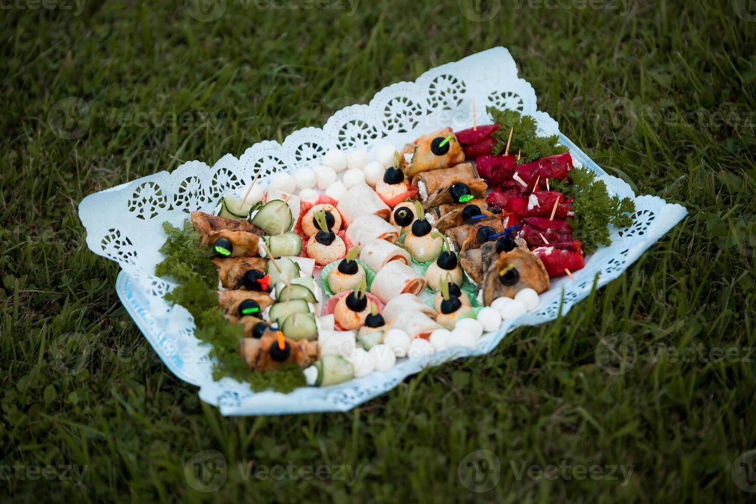 Decorative Platter of Assorted Appetizers on Green Grass photo