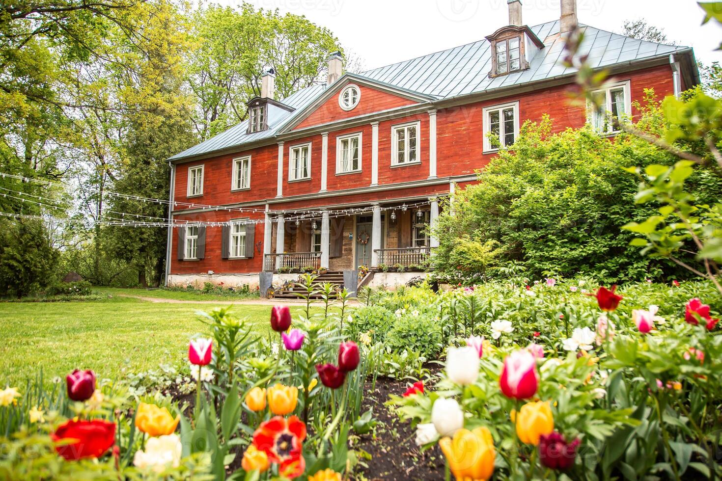 Red Two Story Wooden Building with Tulip Flower Beds and String Lights photo