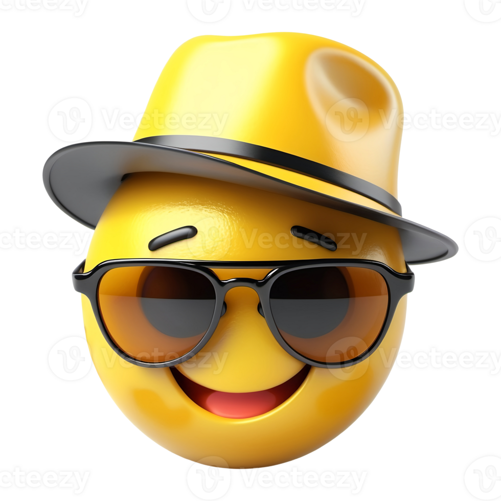 3D Trendy Yellow Emoticon with Fashionable Sunglasses and Hat on isolate background png