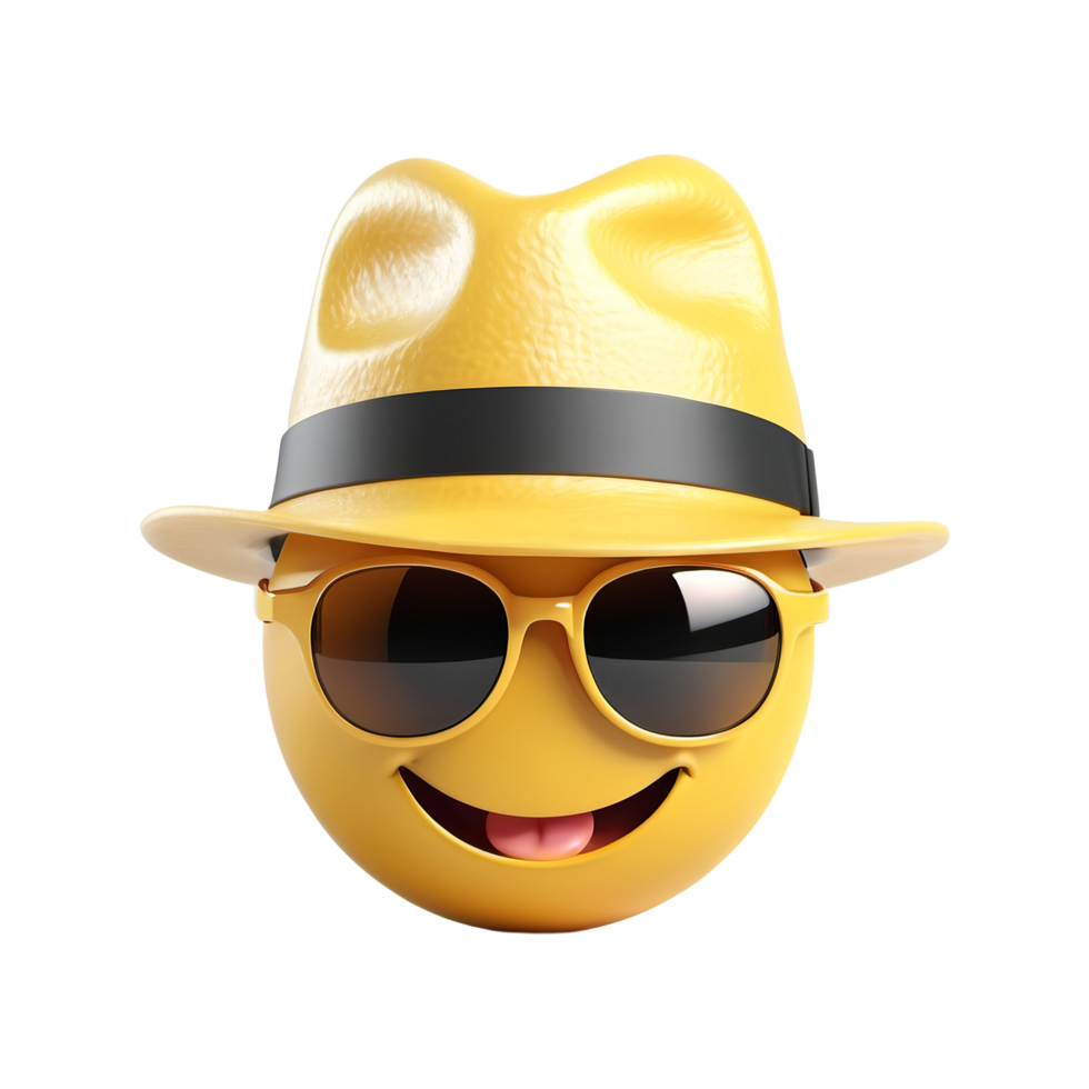 3D Trendy Yellow Emoticon with Fashionable Sunglasses and Hat on isolate transparent background png