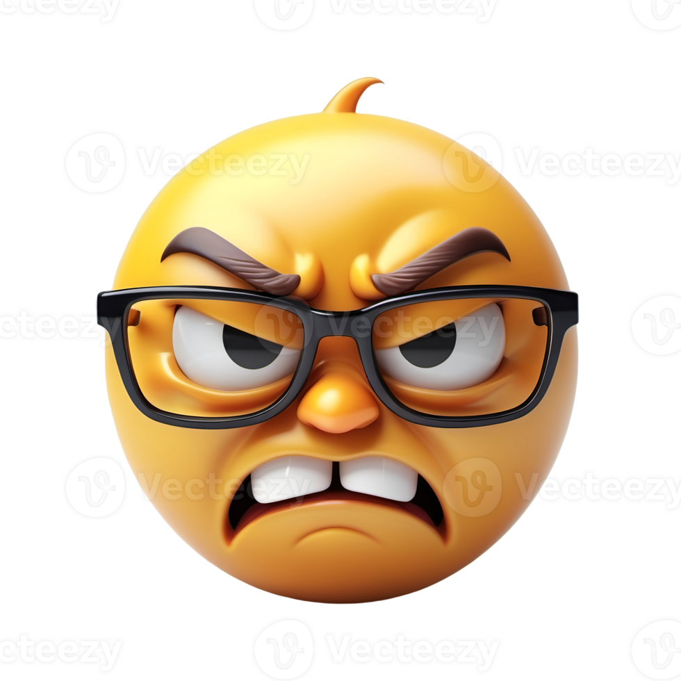 Angry emoticon with glasses emoji 3d smiley face on isolated background. png