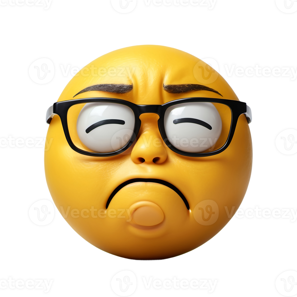 a yellow emoticure with glasses on it's face and eyes closed, with a sad expression, Felipe, mannerism, angry, a picture on isolated background png