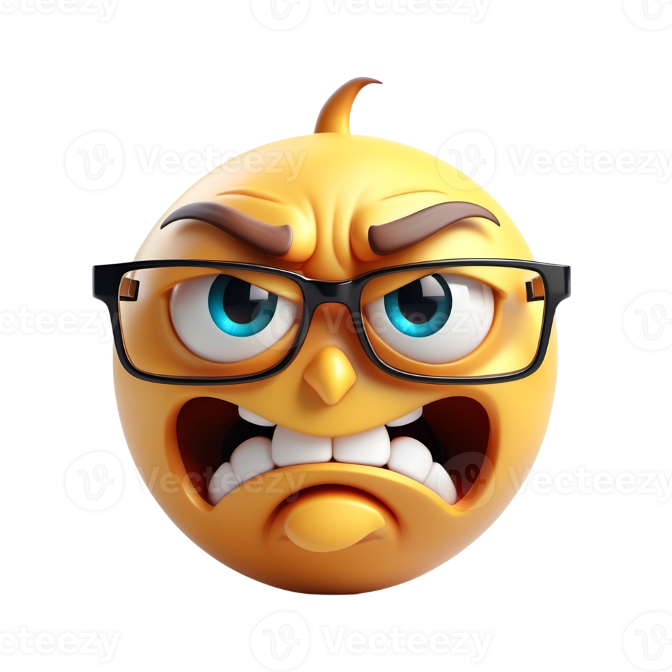 Angry emoticon with glasses emoji 3d smiley face on isolated background png