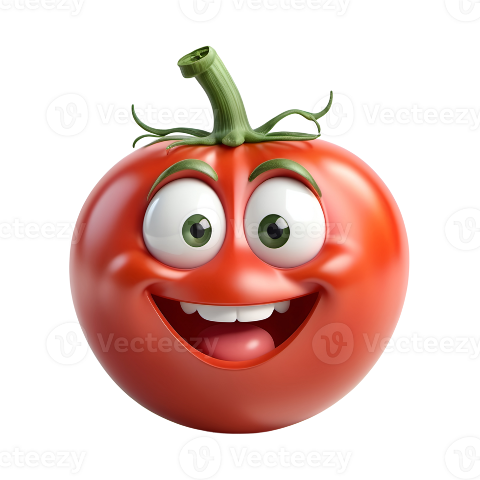 A 3D rendering of a cartoon tomato with a smiling face isolated on background png