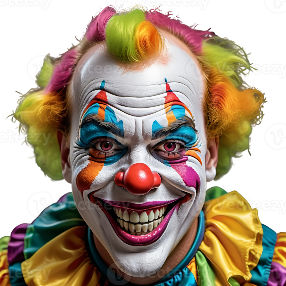 a clown face painted in bright colors with a smile on it's face and teeth, with a isolated background png
