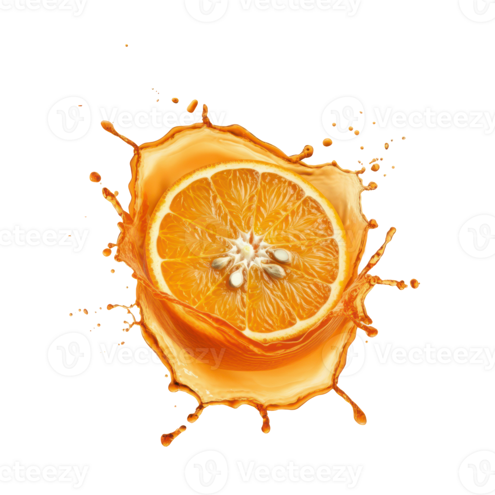 Orange wedge with juice splatter, isolated on a transparent background. png