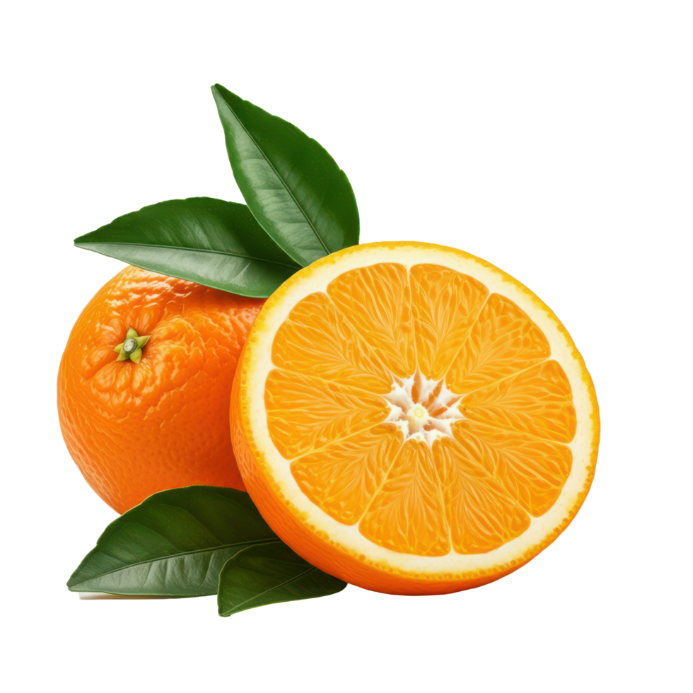 Juicy, freshly sliced oranges with leaves, ideal for healthy habits. png