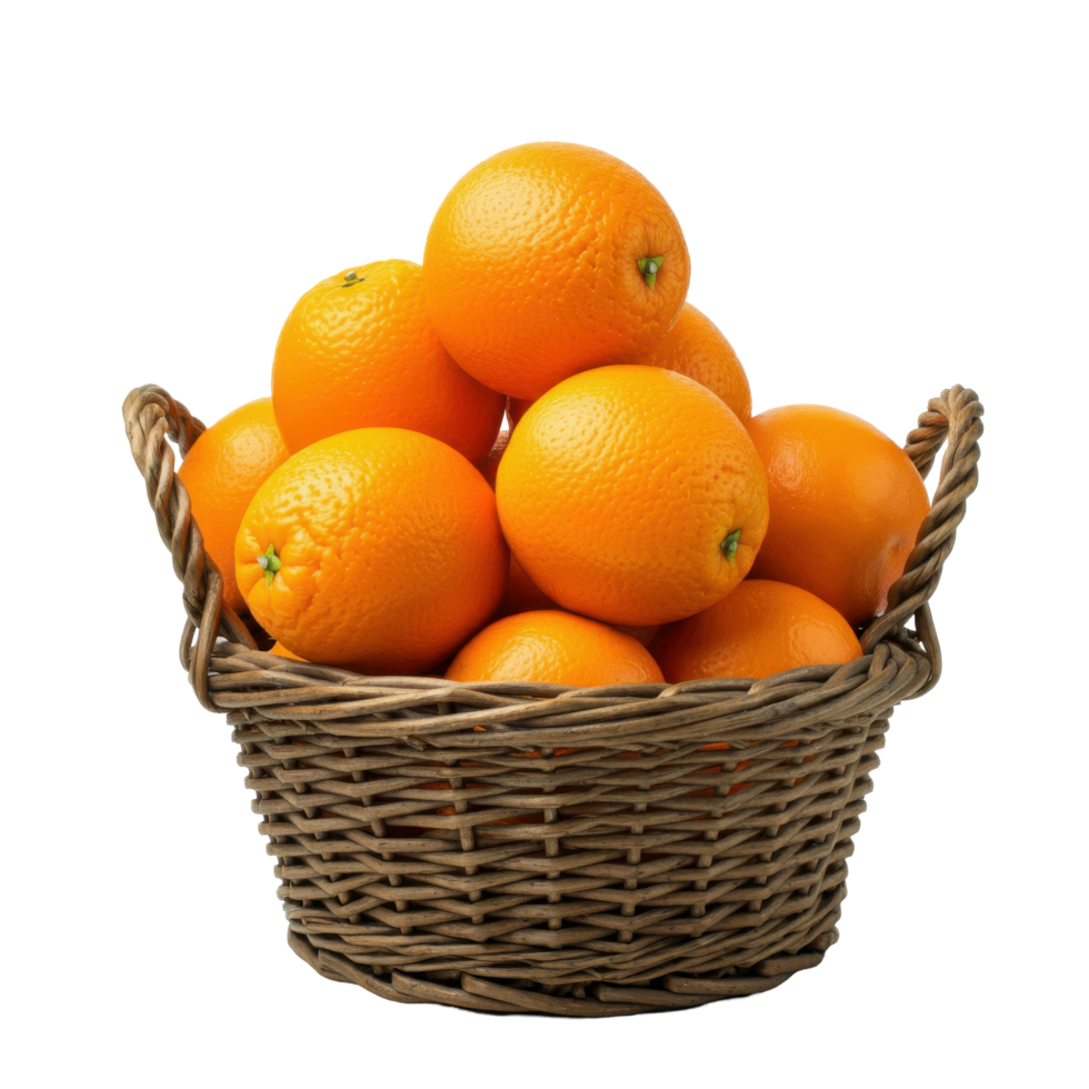 Fresh oranges piled in a wooden basket, isolated on a clear transparent background. png