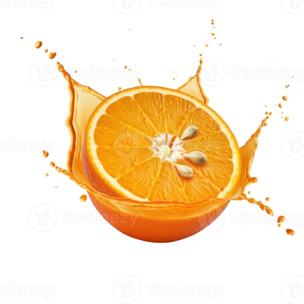Sliced orange with a splash of juice on a transparent backdrop. png