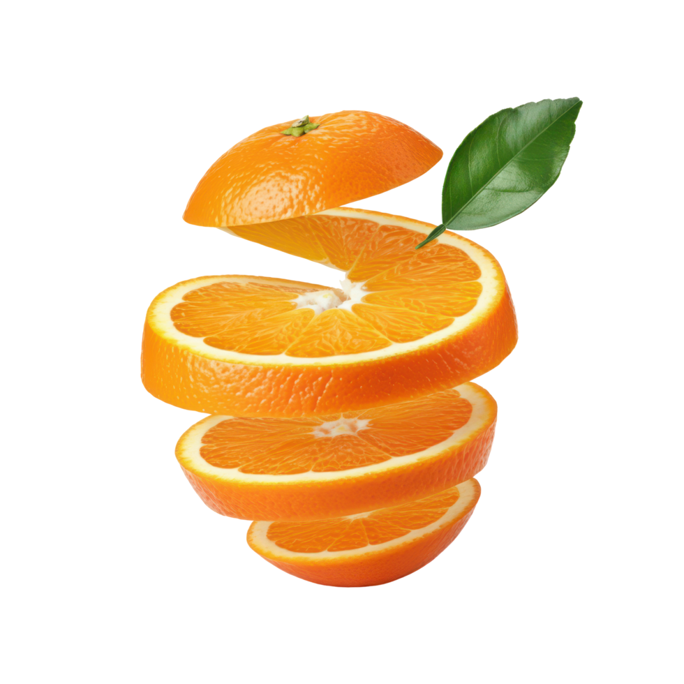 Sliced citrus and a fresh leaf over a minimal transparent background. png