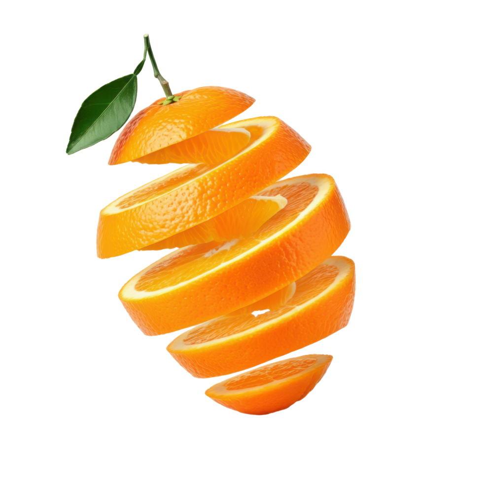 Slices of orange with a fresh green leaf on a transparent background. png