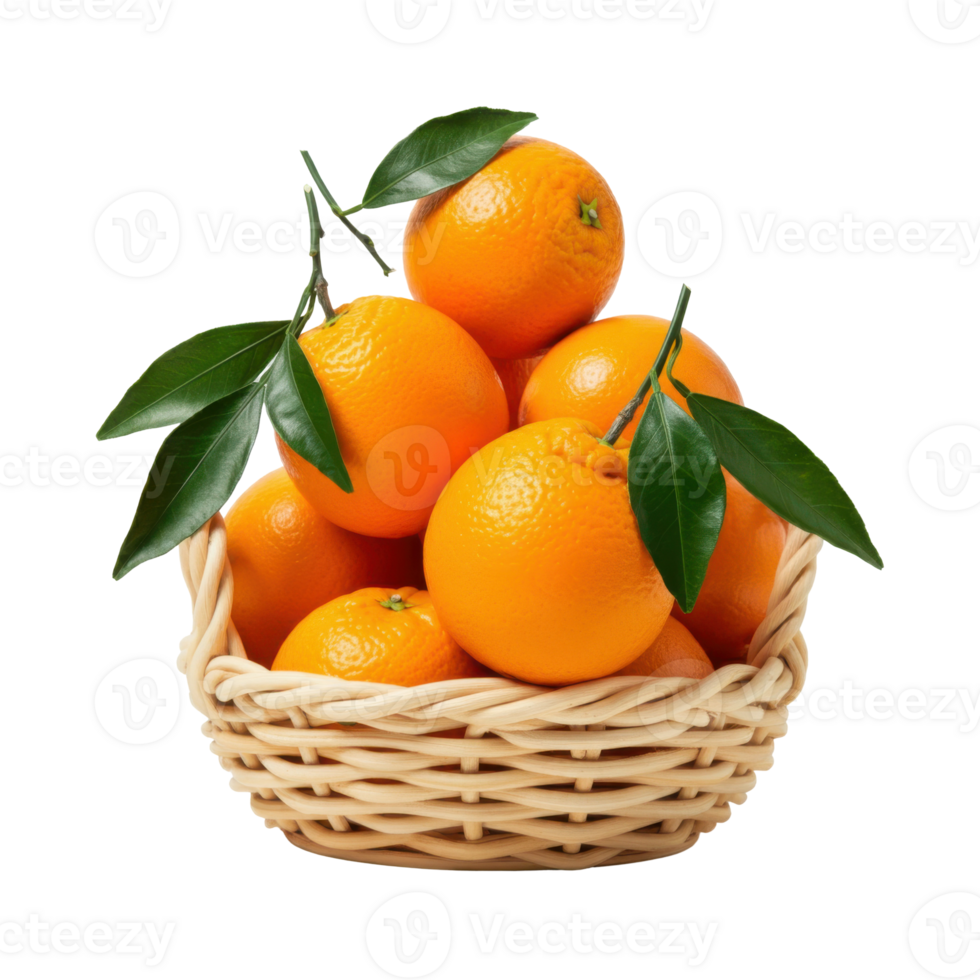 Oranges in a rustic wooden basket, isolated on a transparent surface. png