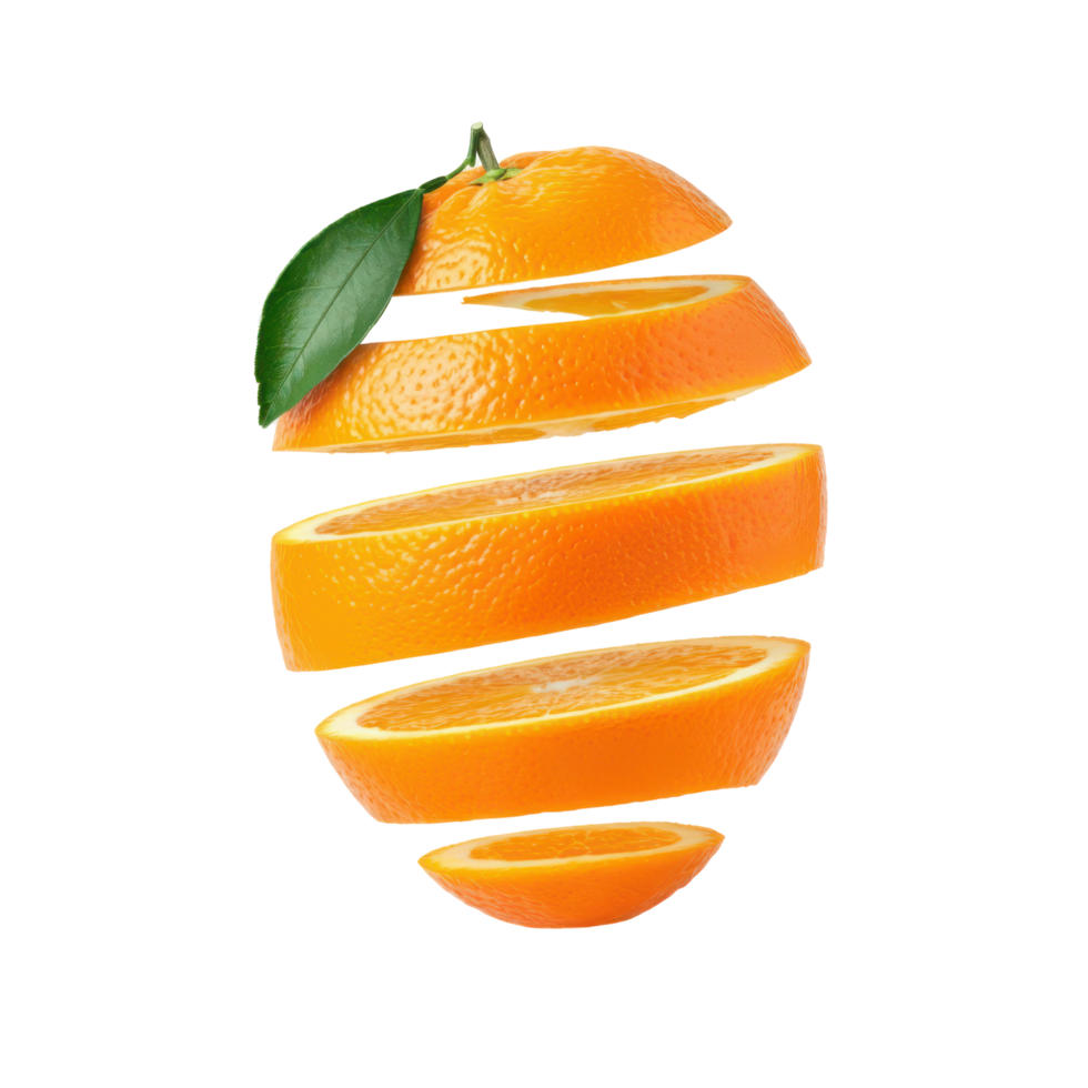 Fresh orange slices with a vivid green leaf on transparent. png