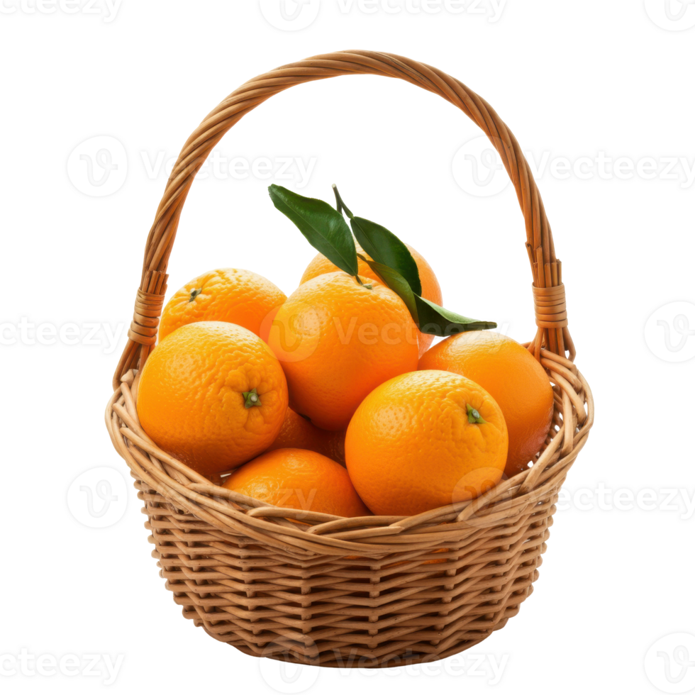 Wooden basket filled with vibrant, ripe oranges, on a clear transparent background. png