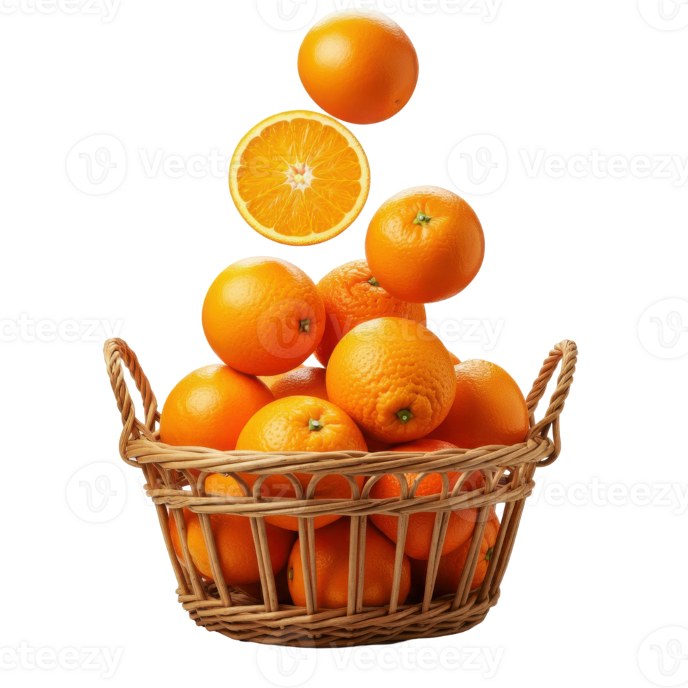 A collection of ripe oranges in a wooden basket, displayed on transparent. png