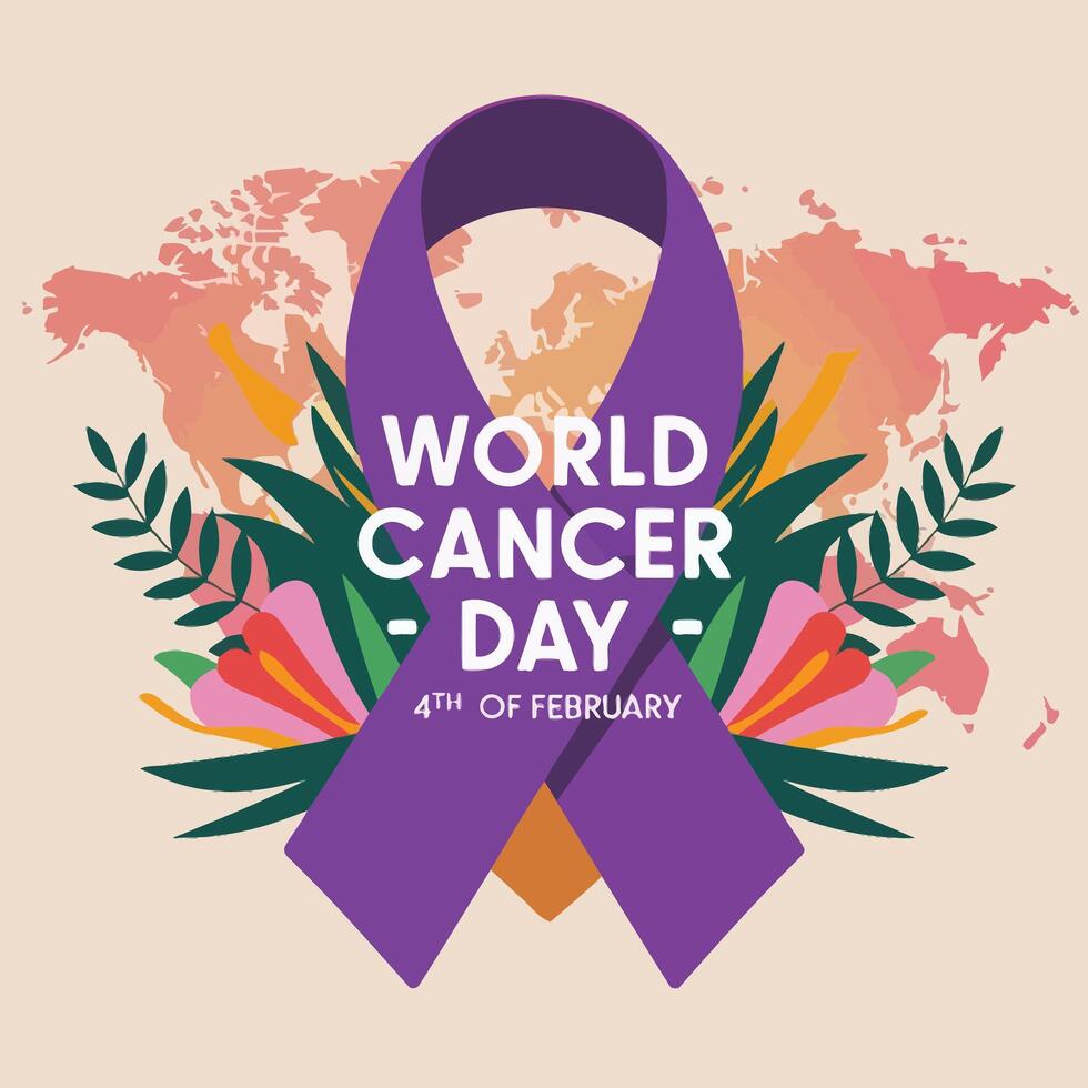 world cancer day background with purple ribbon and flowers vector