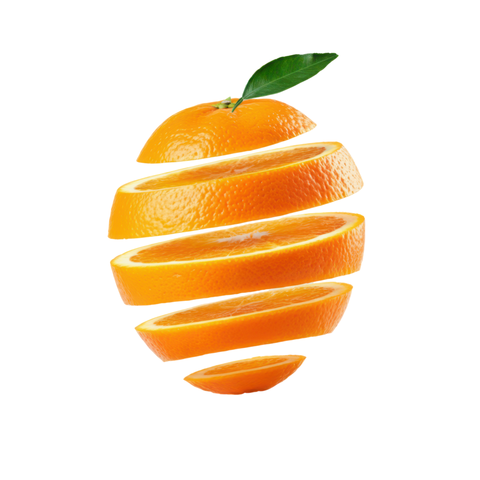 Bright orange slices and a green leaf over a clear, transparent surface. png