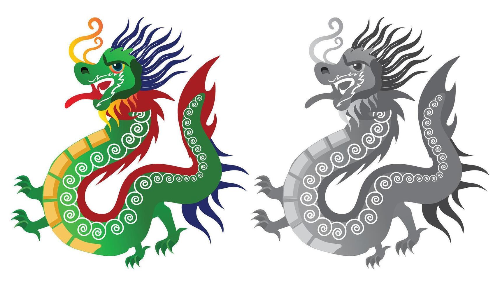 Colorful and Monochrome Chinese Dragons vector