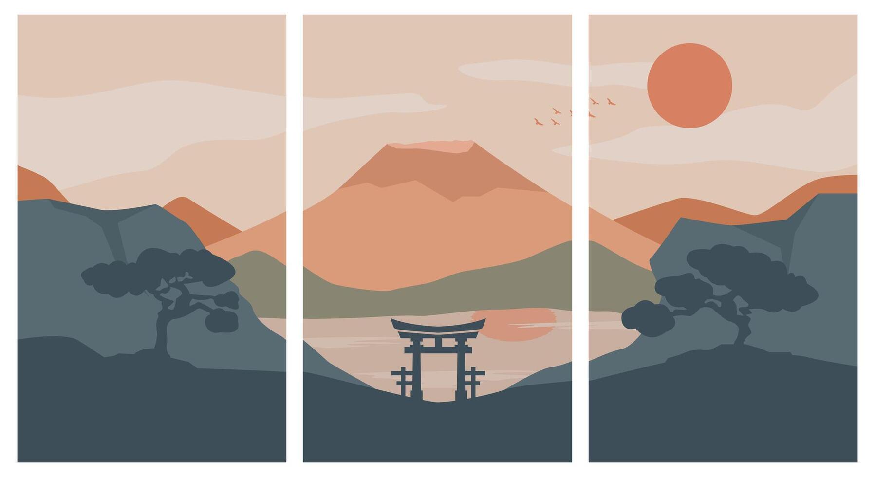 set of poster fuji mountain with tori gate and lake illustration design, bundle of template wallpaper or wall art vector