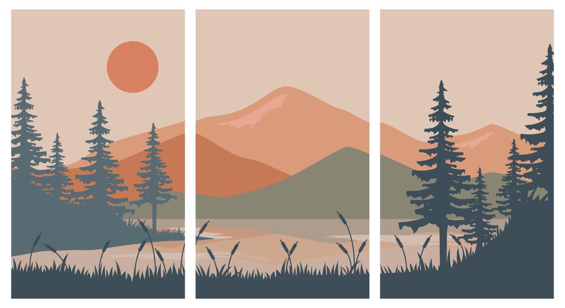 bundle poster lake with little island with view of mountains illustration design vector