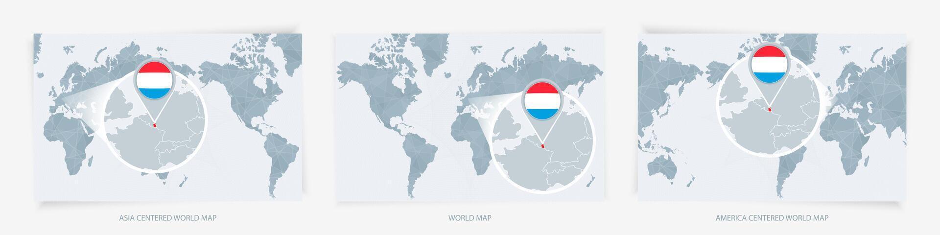 Three versions of the World Map with the enlarged map of Luxembourg with flag. vector