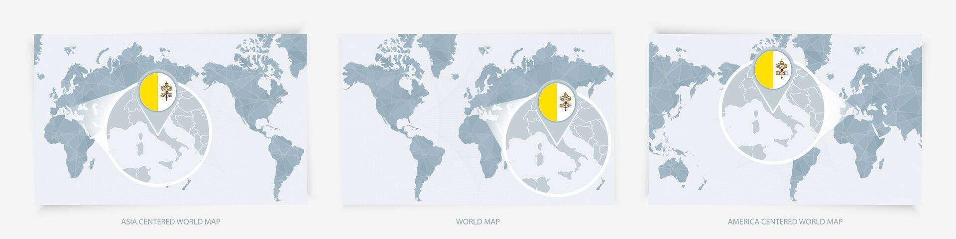 Three versions of the World Map with the enlarged map of Vatican City with flag. vector
