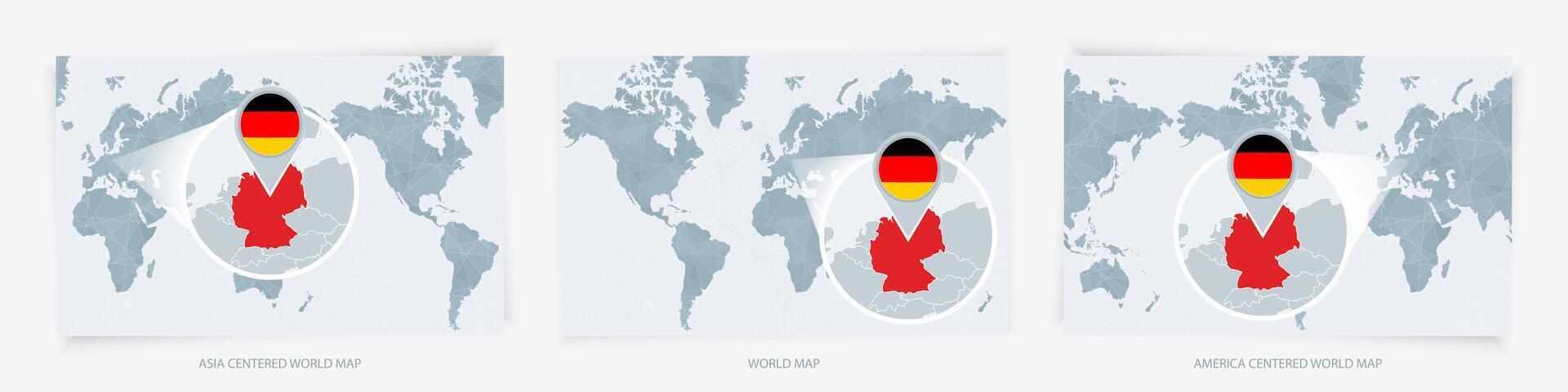 Three versions of the World Map with the enlarged map of Germany with flag. vector