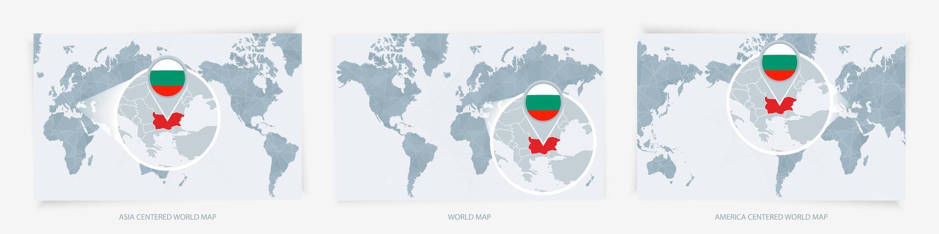 Three versions of the World Map with the enlarged map of Bulgaria with flag. vector