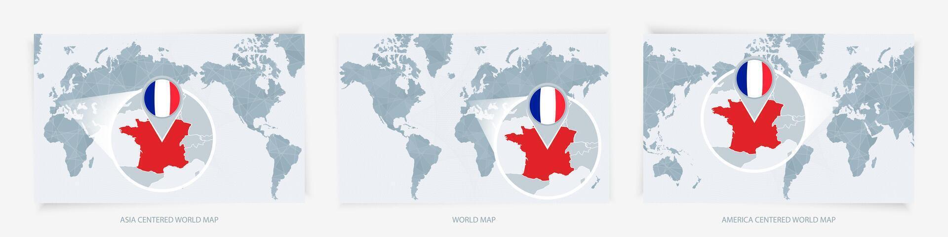 Three versions of the World Map with the enlarged map of France with flag. vector