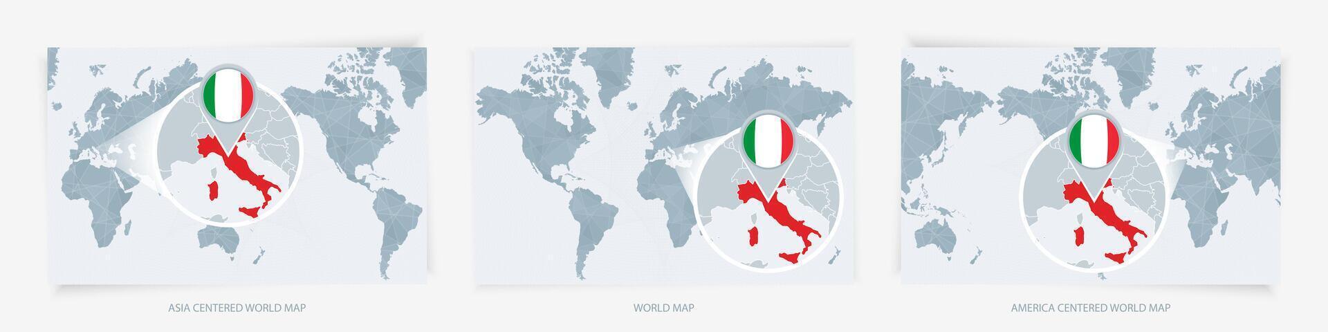 Three versions of the World Map with the enlarged map of Italy with flag. vector